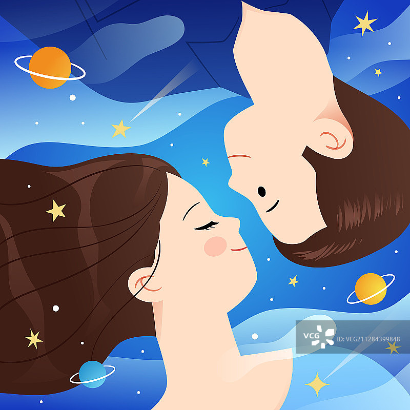 一对情侣躺在星空背景中图片素材