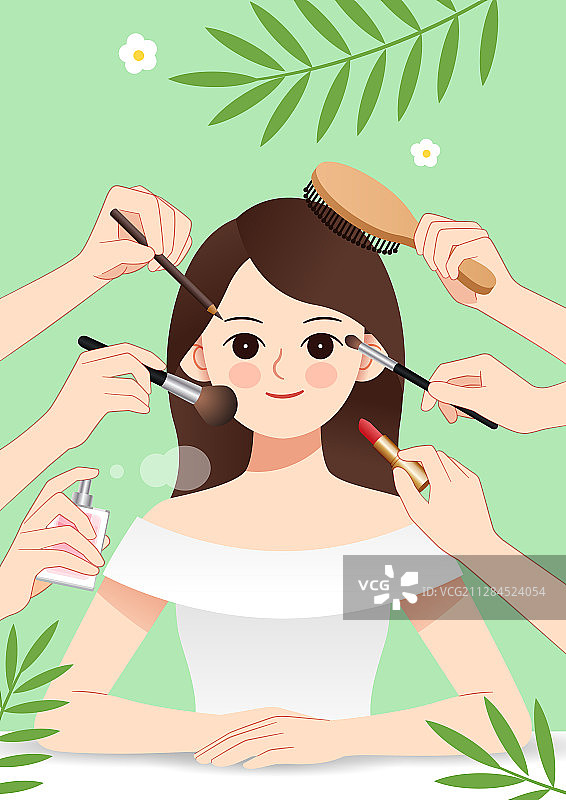 一个正在化妆的女性和绿叶背景图片素材
