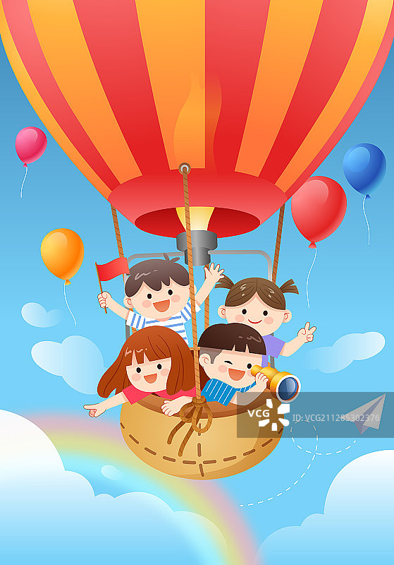天空中一群儿童乘坐热气球图片素材