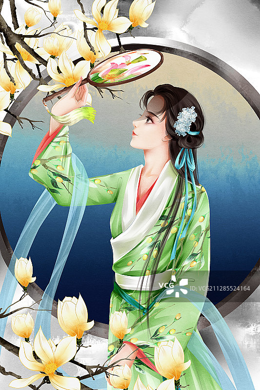 中国风水彩古风女性少女插画图片素材