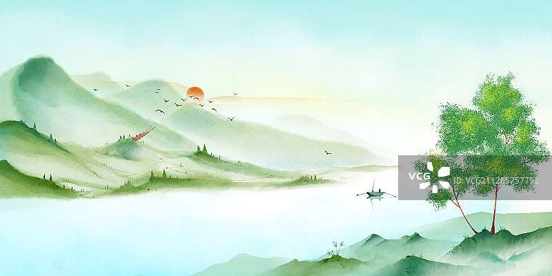 绿色的烟雨江南风景水彩中国风山水画图片素材