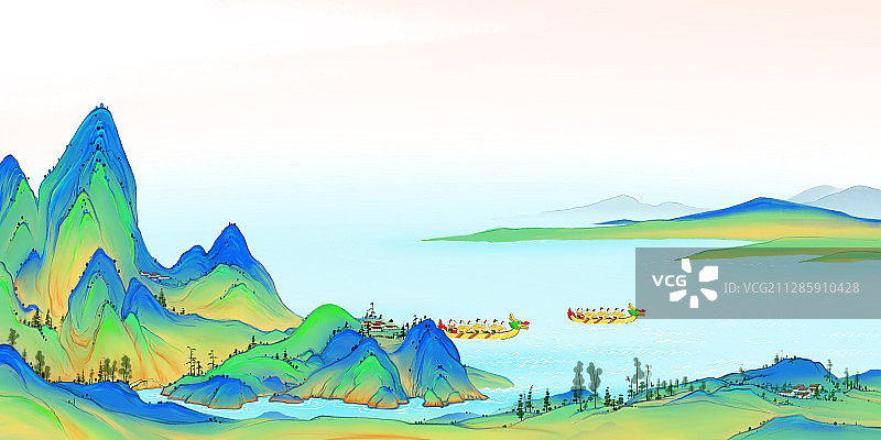 中国传统节日端午节插画青绿山水赛龙舟图片素材