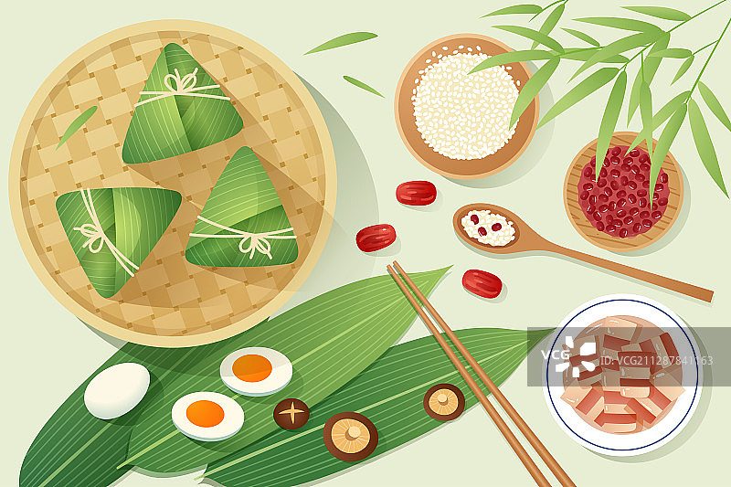 竹叶旁的粽子粽叶和糯米红豆五花肉等食材图片素材