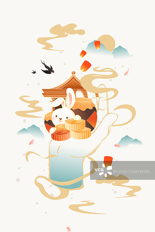 卡通中秋佳节传统节日手掌月饼玉兔平面设计中国风矢量插画图片素材