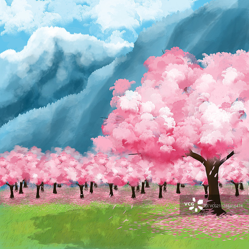 樱花树草坪与蓝色远山的插画图片素材