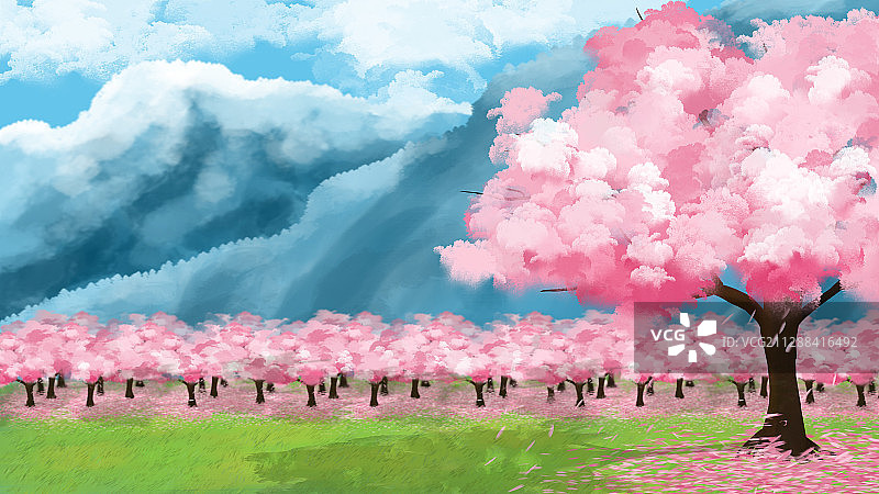 樱花树草坪与蓝色远山的插画图片素材