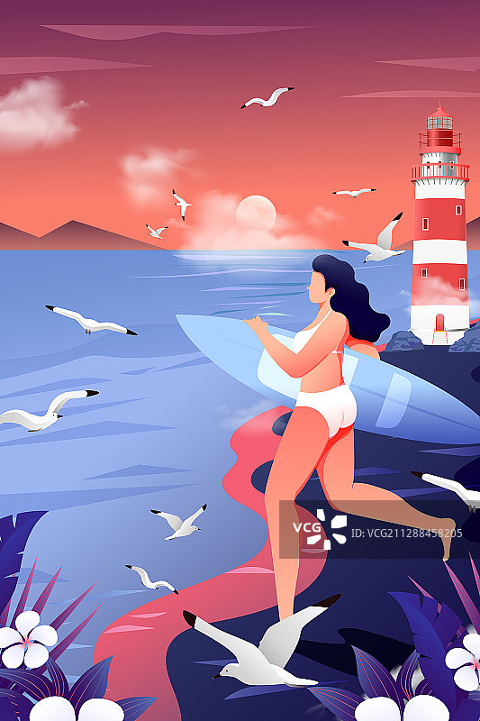 卡通夏季美女度假出游旅行旅游海边冲浪出海自然风景背景矢量插画图片素材