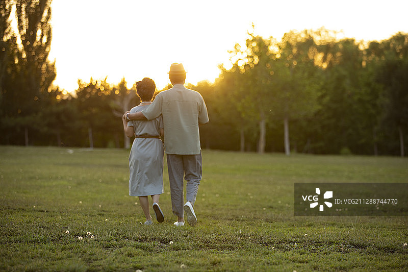 夕阳下老年伴侣在户外公园草地散步图片素材