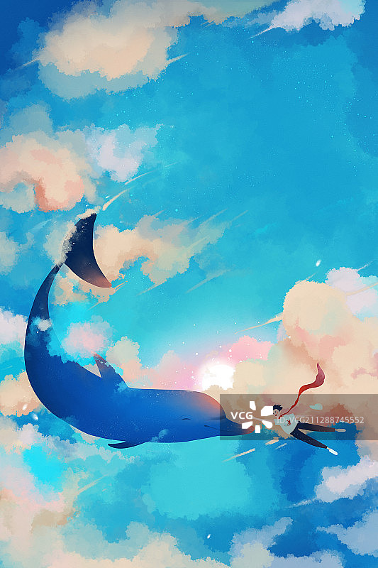 海豚和男孩在空中翱翔 小清新梦幻插画图片素材
