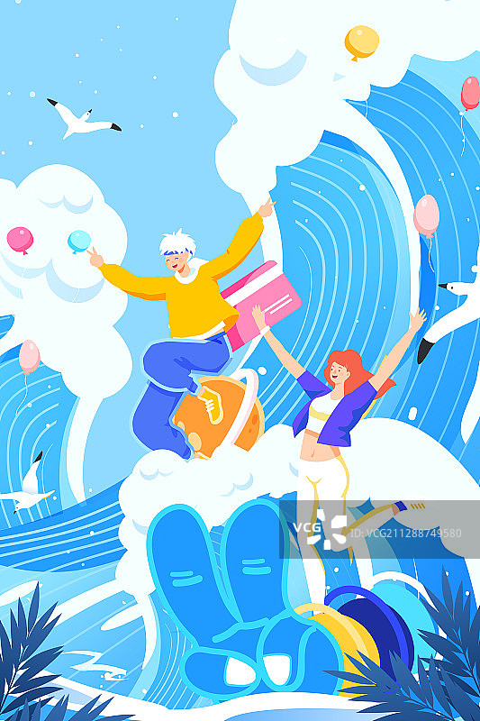 卡通上网冲浪男孩海边海浪玩耍度假情侣购物节电商风景矢量插画图片素材