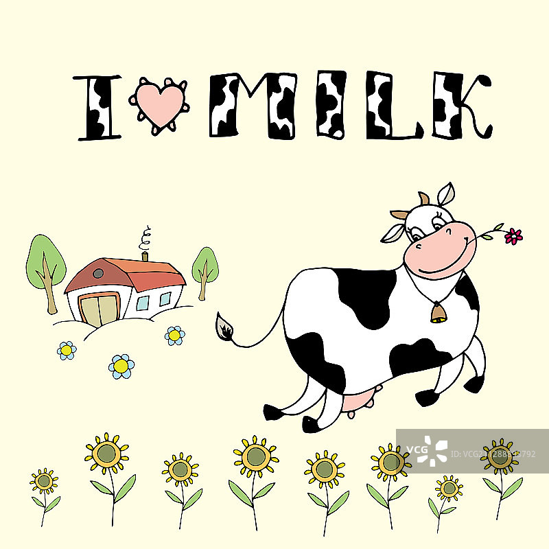 可爱的卡通牛场背景和我爱牛奶图片素材