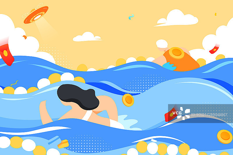 卡通夏季游泳派对比赛大暑风景电商促销活动矢量插画图片素材