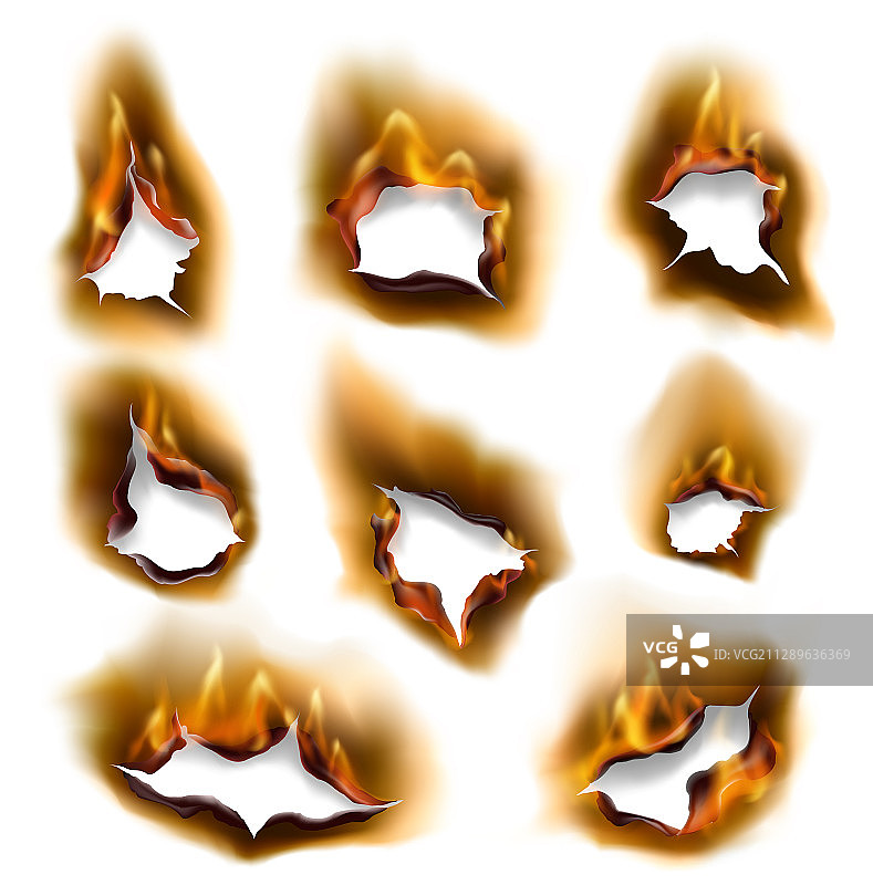 逼真的燃烧的火焰燃烧了纸洞图片素材