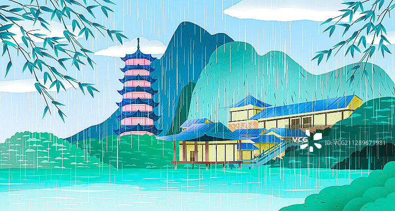 二十四节气雨水风景插画图片素材