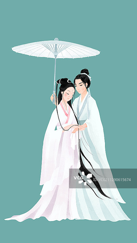 七夕节撑伞的白娘子许仙插画图片素材