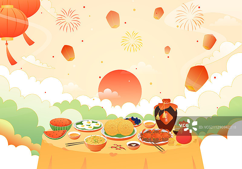 庆祝节日喜庆气氛的中华美食矢量插画图片素材
