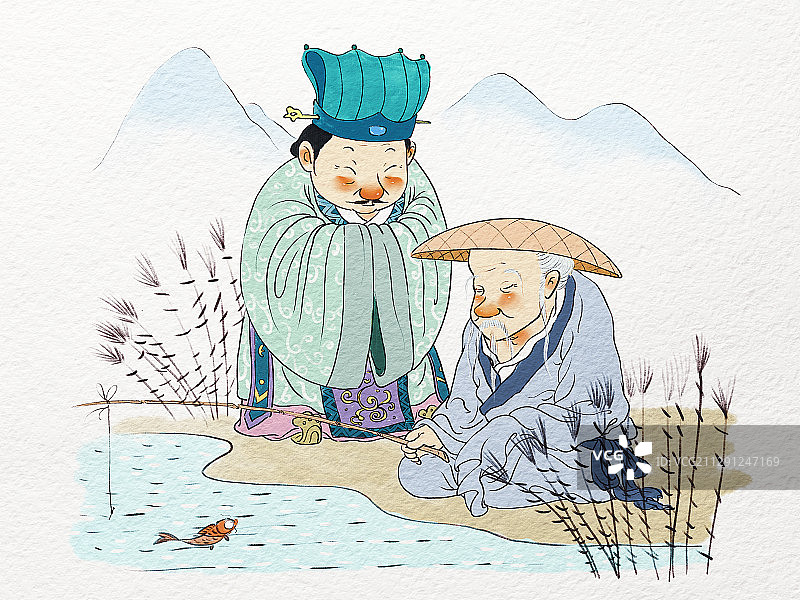 姜子牙钓鱼愿者上钩古代成语故事儿童插画图片素材