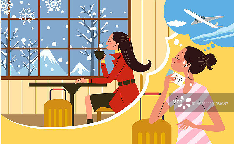 矢量插图的女人想象旅行和喝温暖的饮料与雪山的看法图片素材
