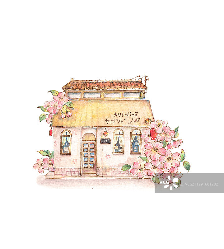 清新水彩手绘卡通童趣的建筑小房屋小木屋图片素材