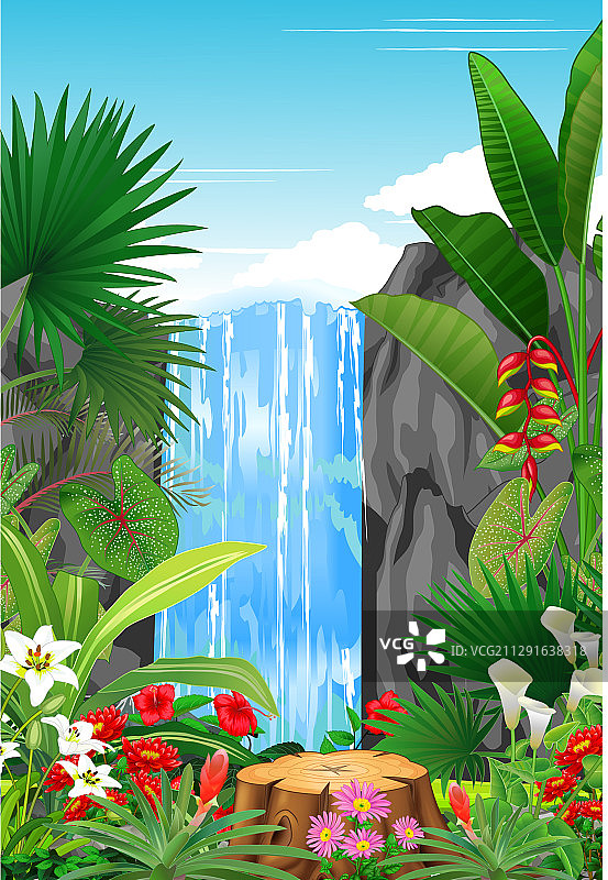 热带森林中的瀑布，有常青藤植物图片素材