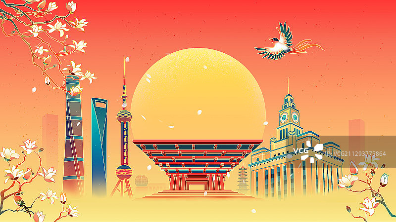 中国风上海建筑群插画图片素材