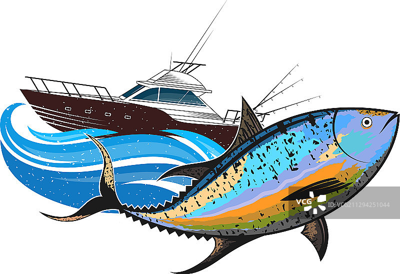 蓝浪和渔船上的金枪鱼图片素材
