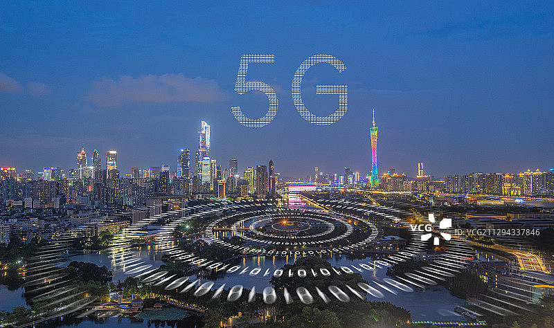 广州城市风光和5G互联网智慧城市大数据概念图片素材