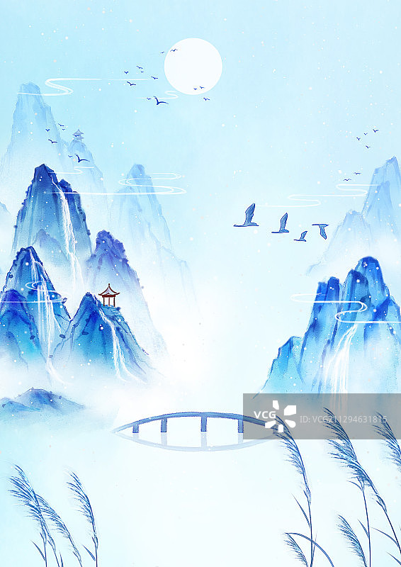 寒露节气手绘中国风意境山水画图片素材