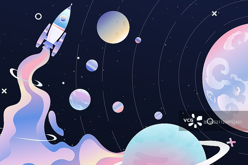 卡通未来科技宇宙外太空银河太阳系火箭发射宇航员背景矢量插画图片素材