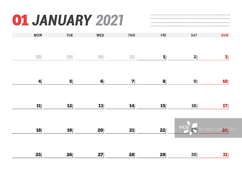 1月2021月计划页日历图片素材