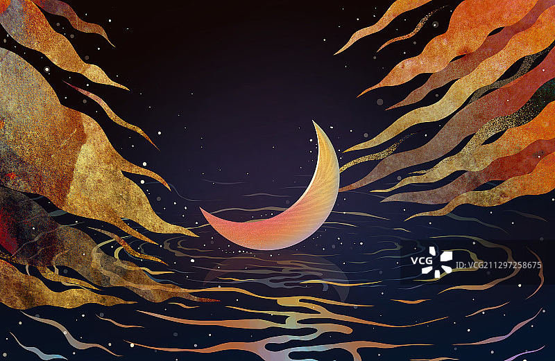 中秋节中国风山水凉亭月亮插画图片素材