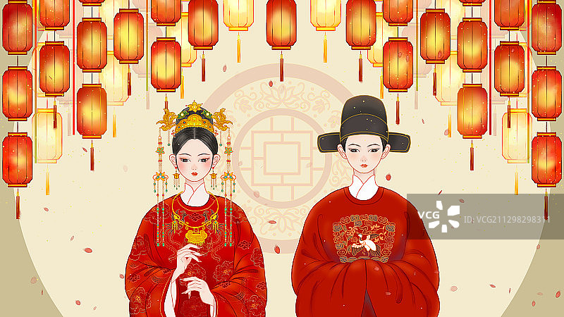 新郎新娘中式婚礼中国风手绘插画图片素材