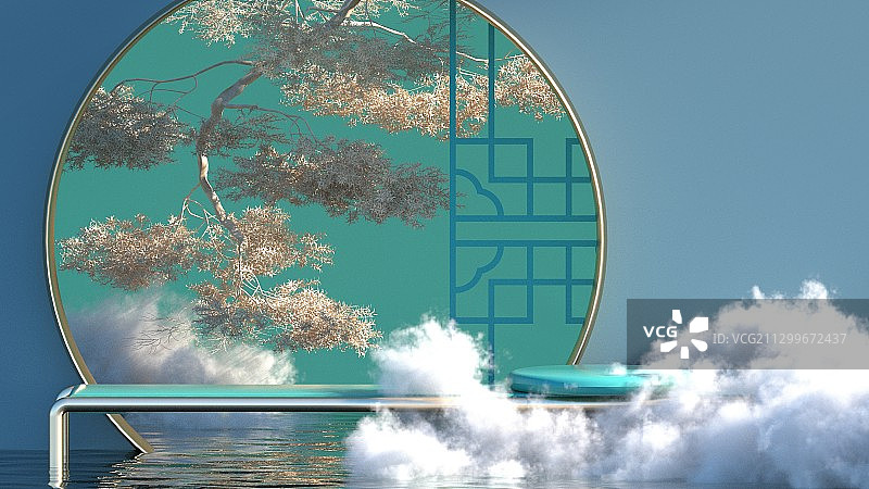 3D渲染简约典雅现代中国风电商展台图片素材