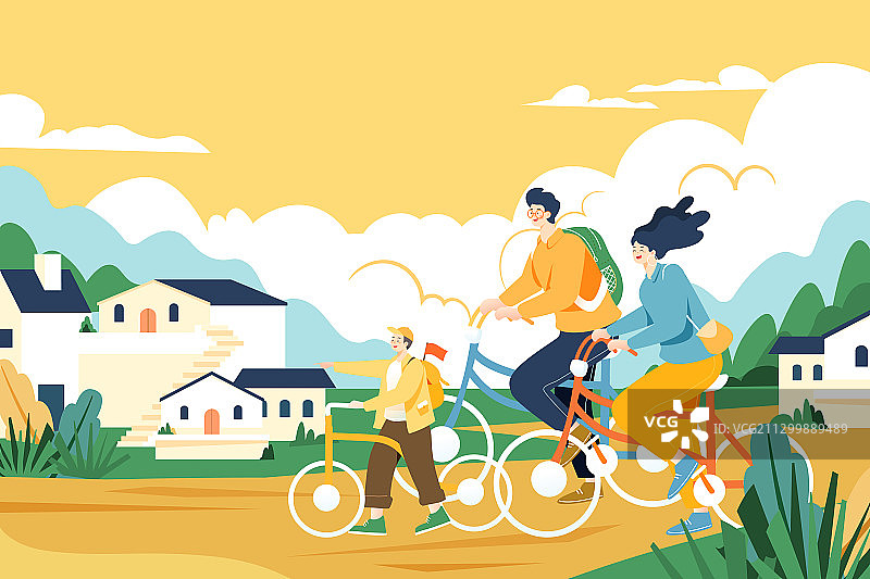 卡通家人亲子骑行团圆踏青春游儿童自然风景城市建筑火车矢量插画图片素材