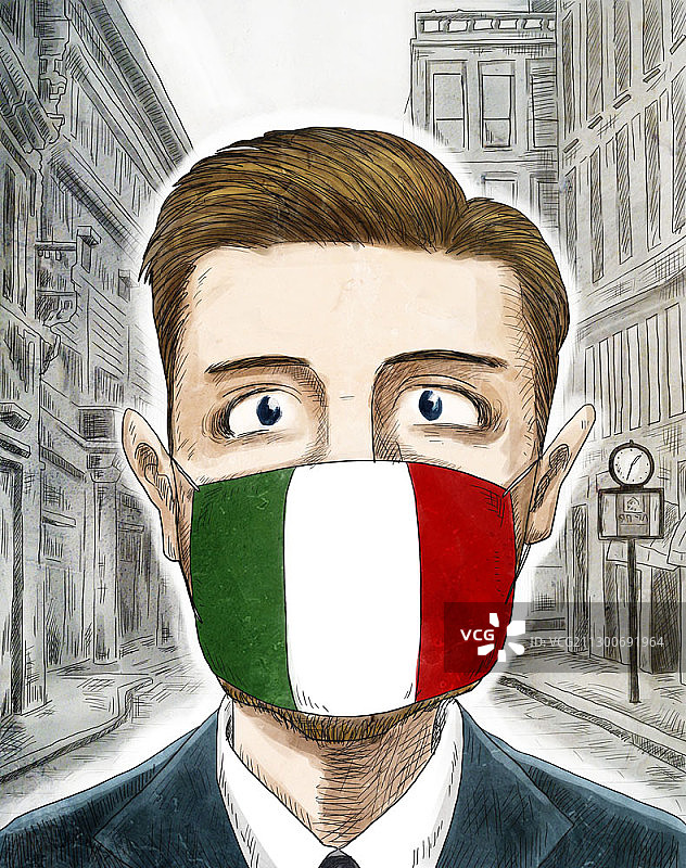 卡通风格插图的男子戴面具与意大利国旗图片素材