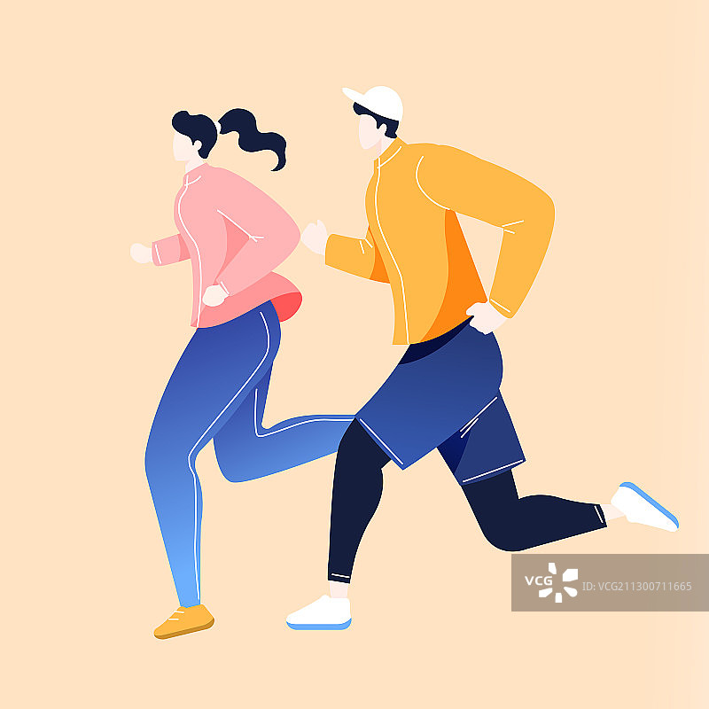 卡通冬季情侣学生运动自律跑步冬运会健身晨跑海边风景矢量插画图片素材