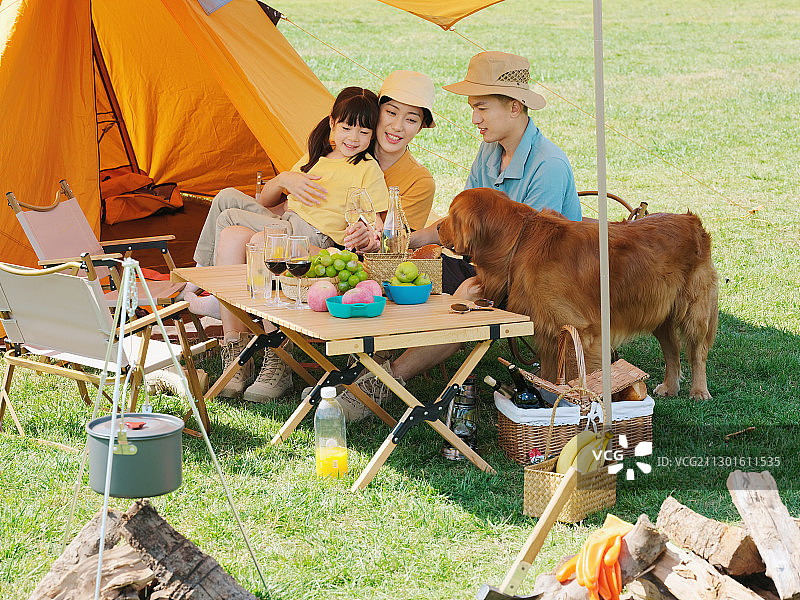 快乐的三口之家和宠物狗在户外野餐图片素材