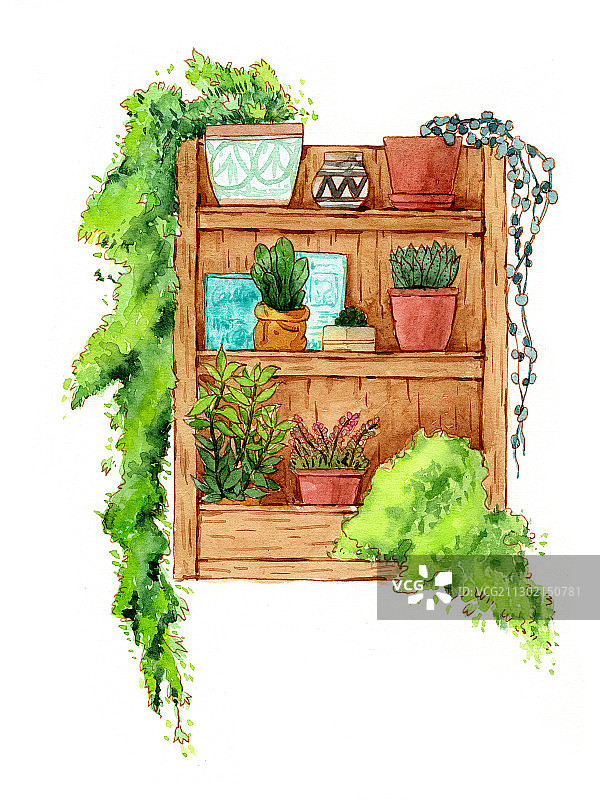 手绘水彩钢笔淡彩绿植置物架插画图片素材