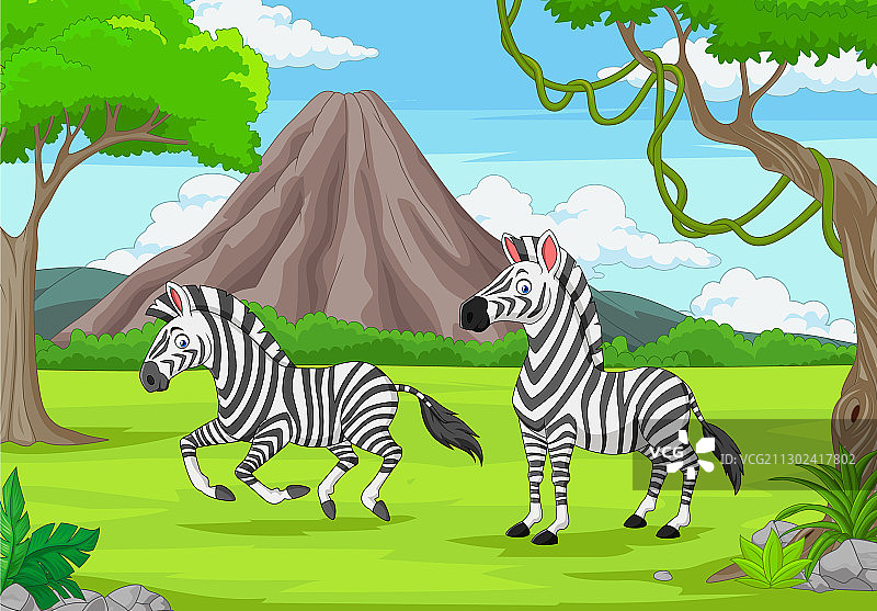 卡通中的两头斑马在丛林中图片素材