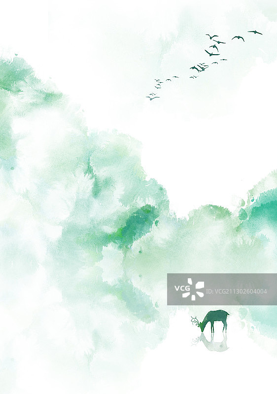 中式绿色水彩山水画鹿图片素材