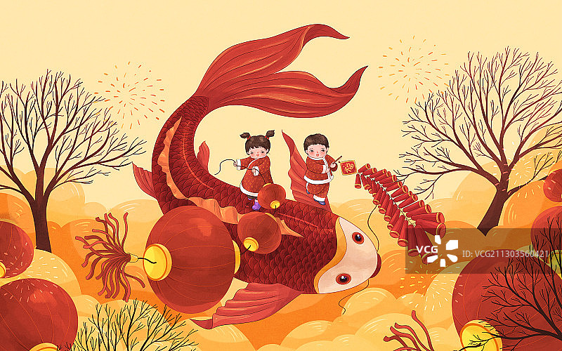 新年红色锦鲤与儿童插画2图片素材