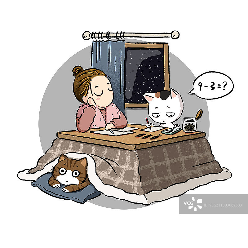 围着被炉而坐的女孩和猫咪图片素材