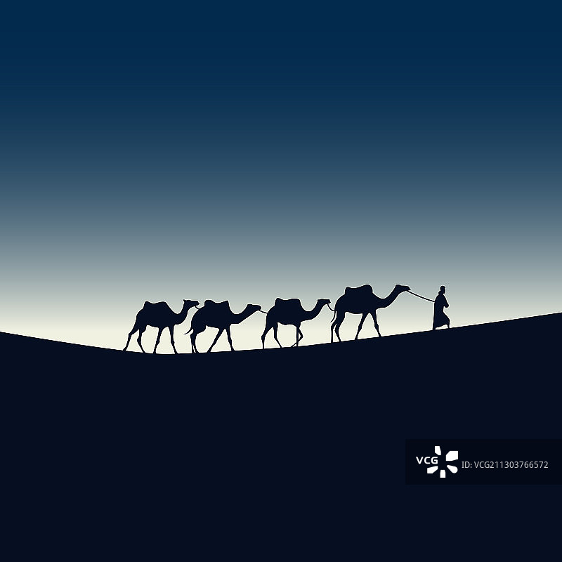 一个人带着骆驼穿越沙漠图片素材