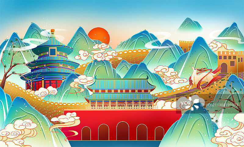 北京城市中国风建筑插画图片素材