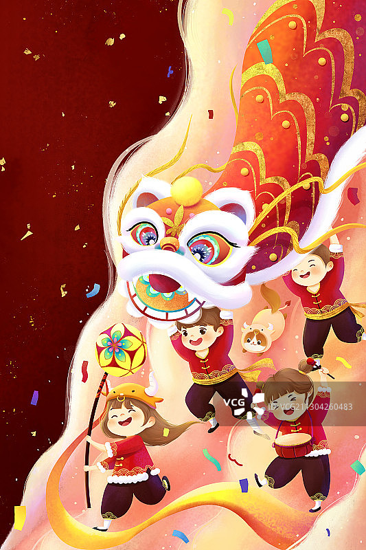 传统中国风新年舞狮插画图片素材