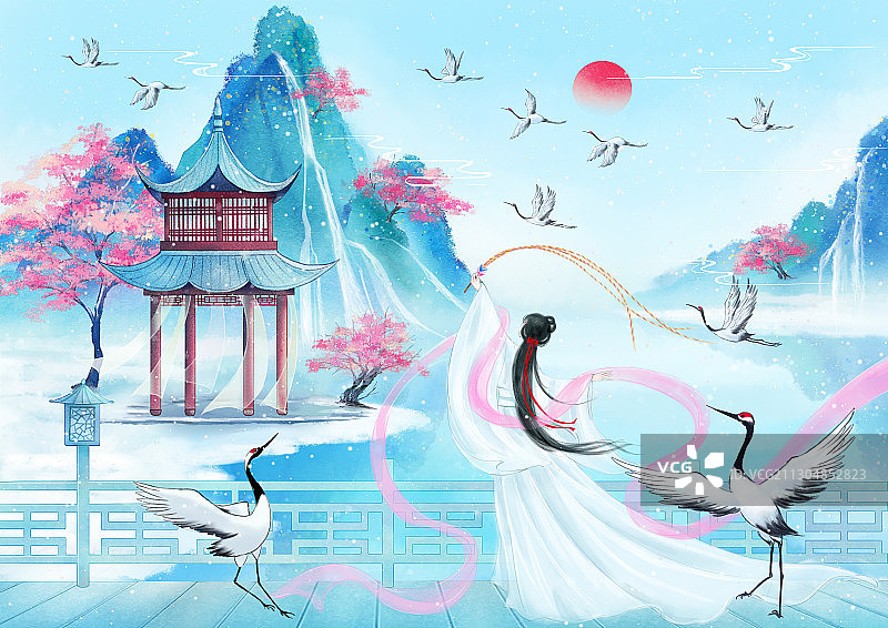 山中湖泊上与鹤共舞的白衣女子图片素材