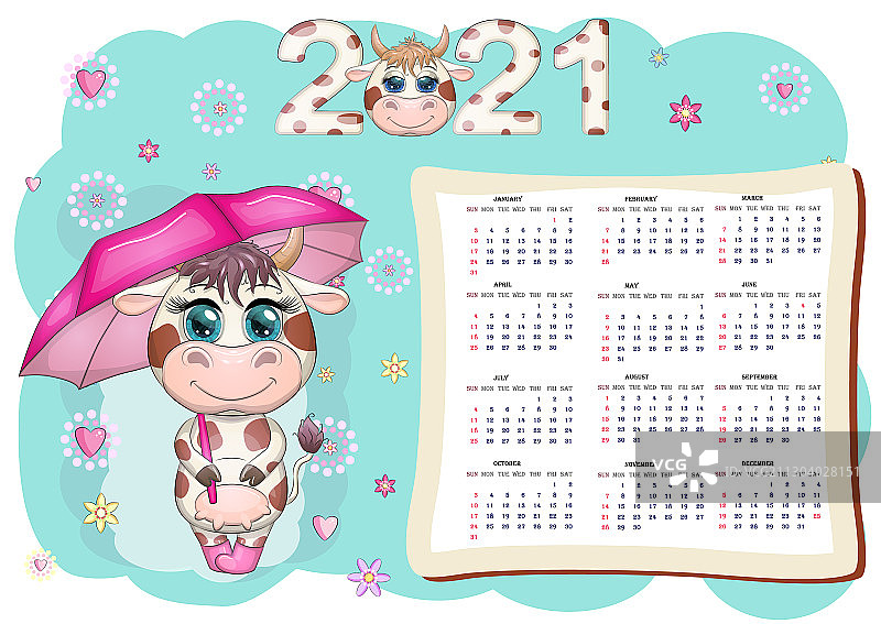 白牛日历或计划2021年与卡通图片素材