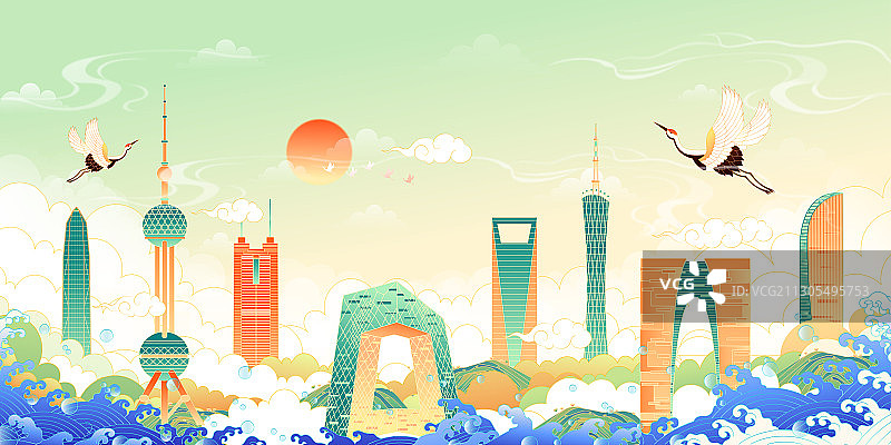 中国城市地标建筑矢量插画图片素材