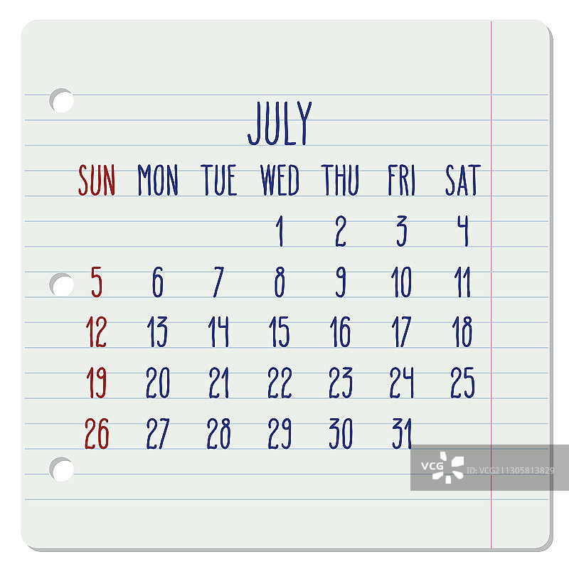 2020年7月每月笔记本页日历图片素材