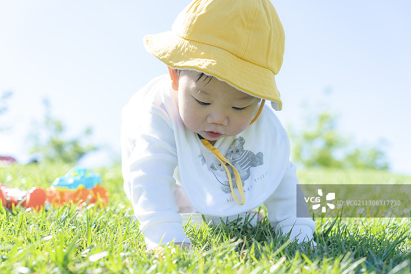 戴黄帽的男婴在草坪上学习爬行图片素材